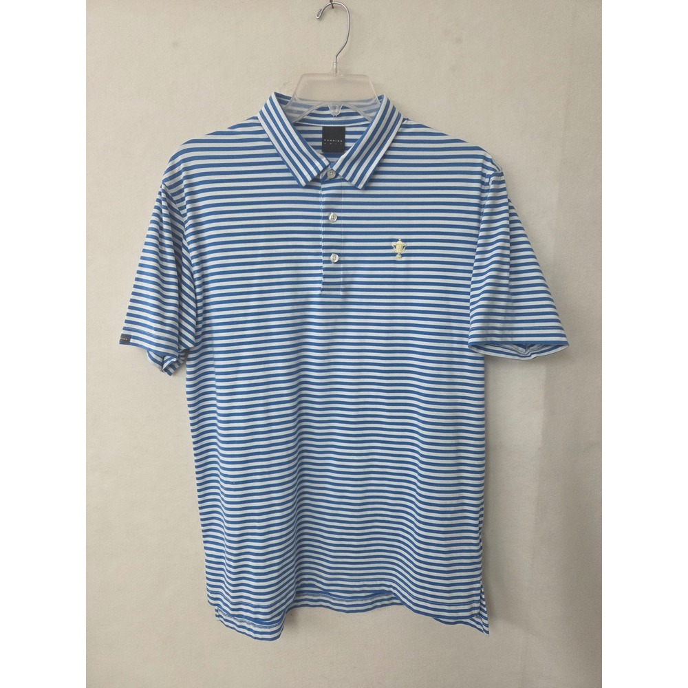 Dunning Golf Polo Shirt Mens Medium Blue White Striped Performance Trophy Logo
